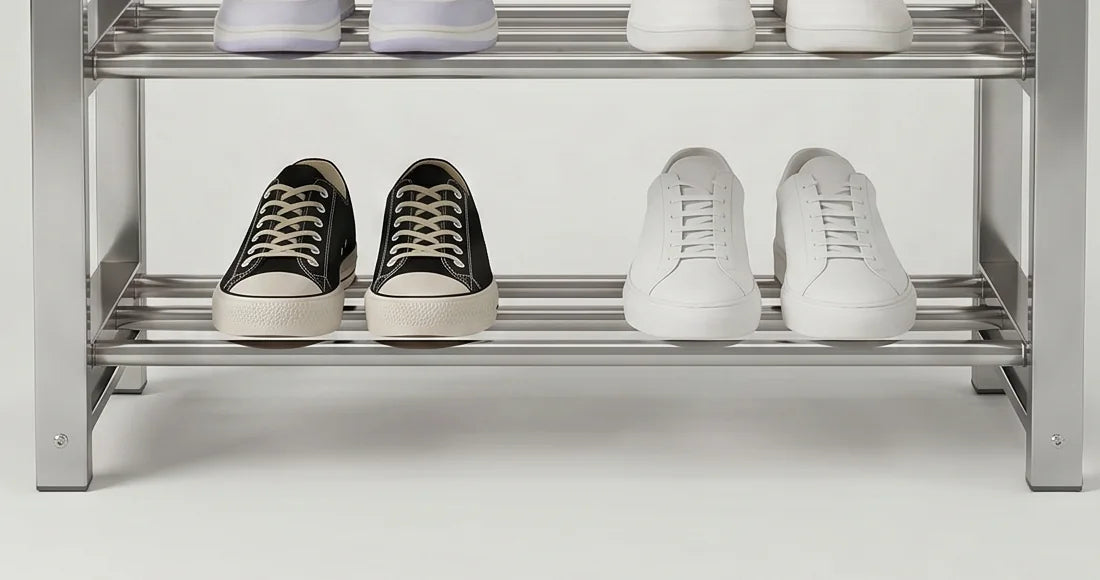 Détail du niveau inférieur en acier argenté avec baskets noires et blanches