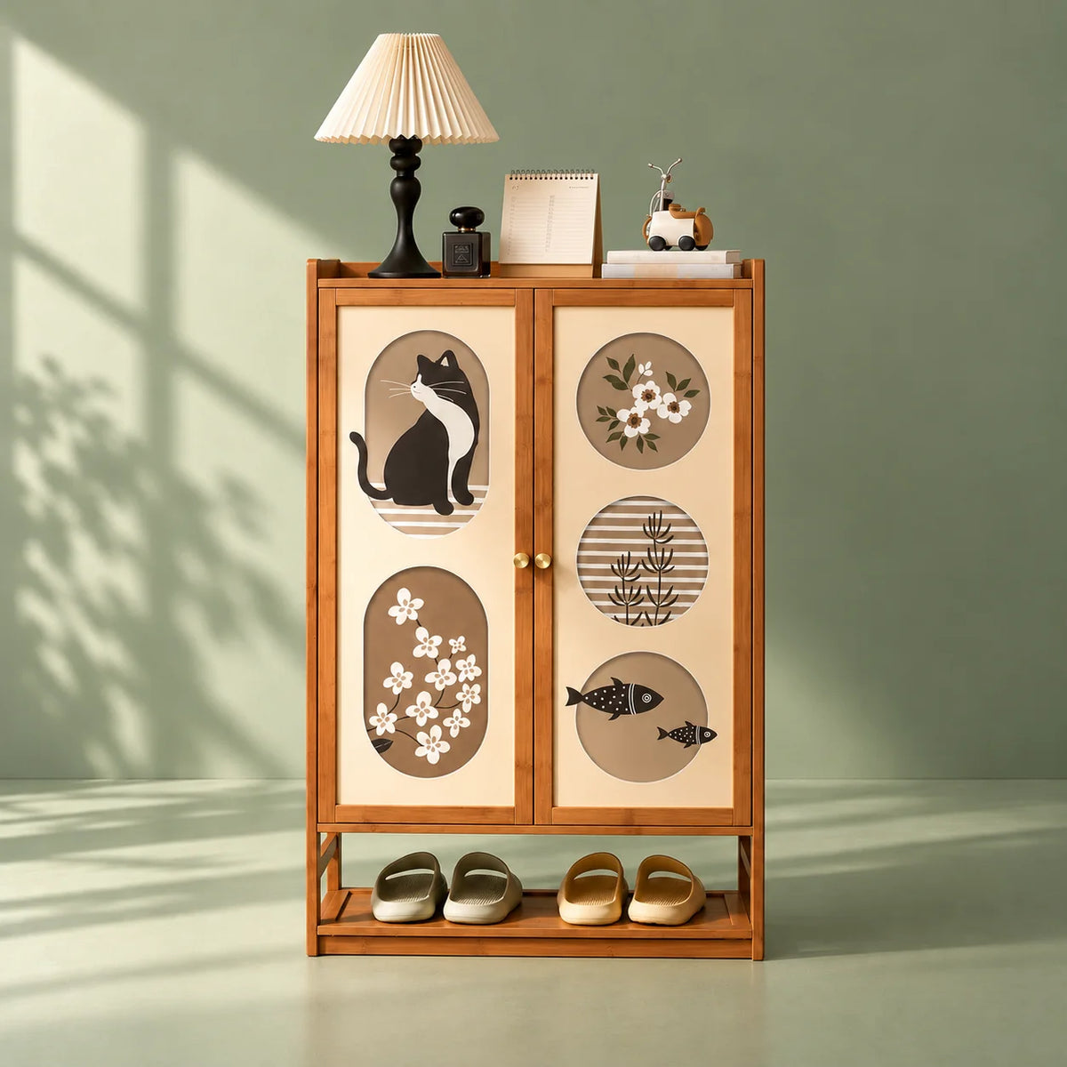 Vue de face du meuble à chaussures décoratif en bambou sur fond vert sauge