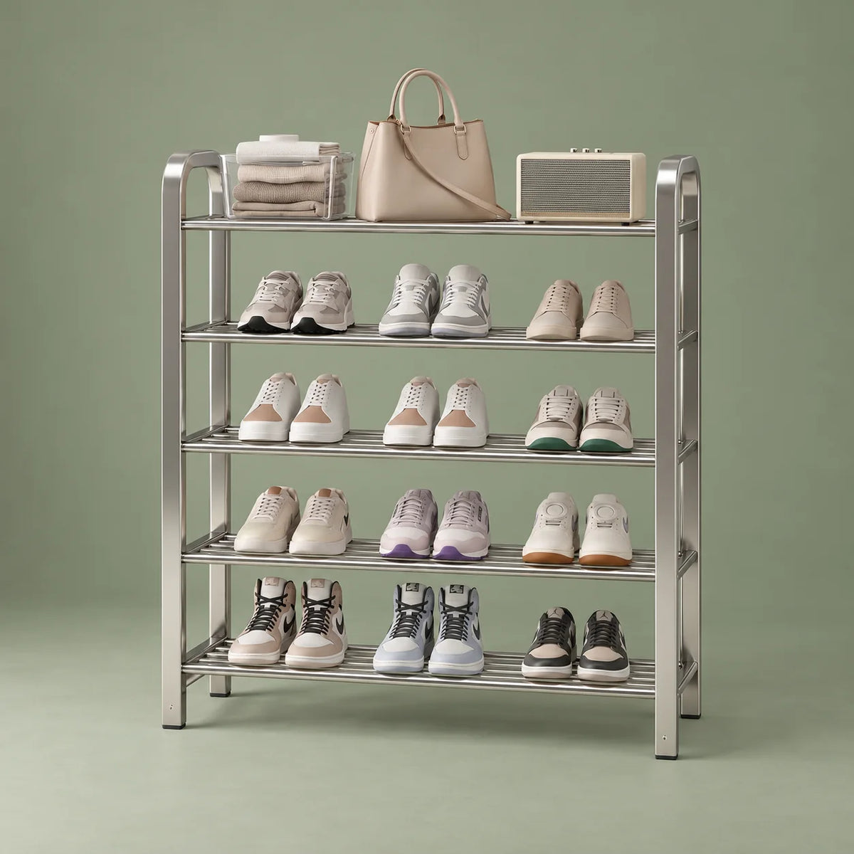 Vue de trois quarts droite du meuble à chaussures argenté à cinq niveaux sur fond vert sauge