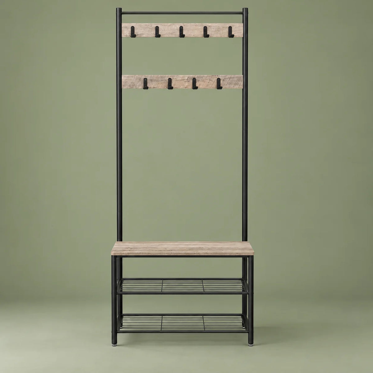 Meuble d’entrée beige et noir vu de face sur fond vert sauge