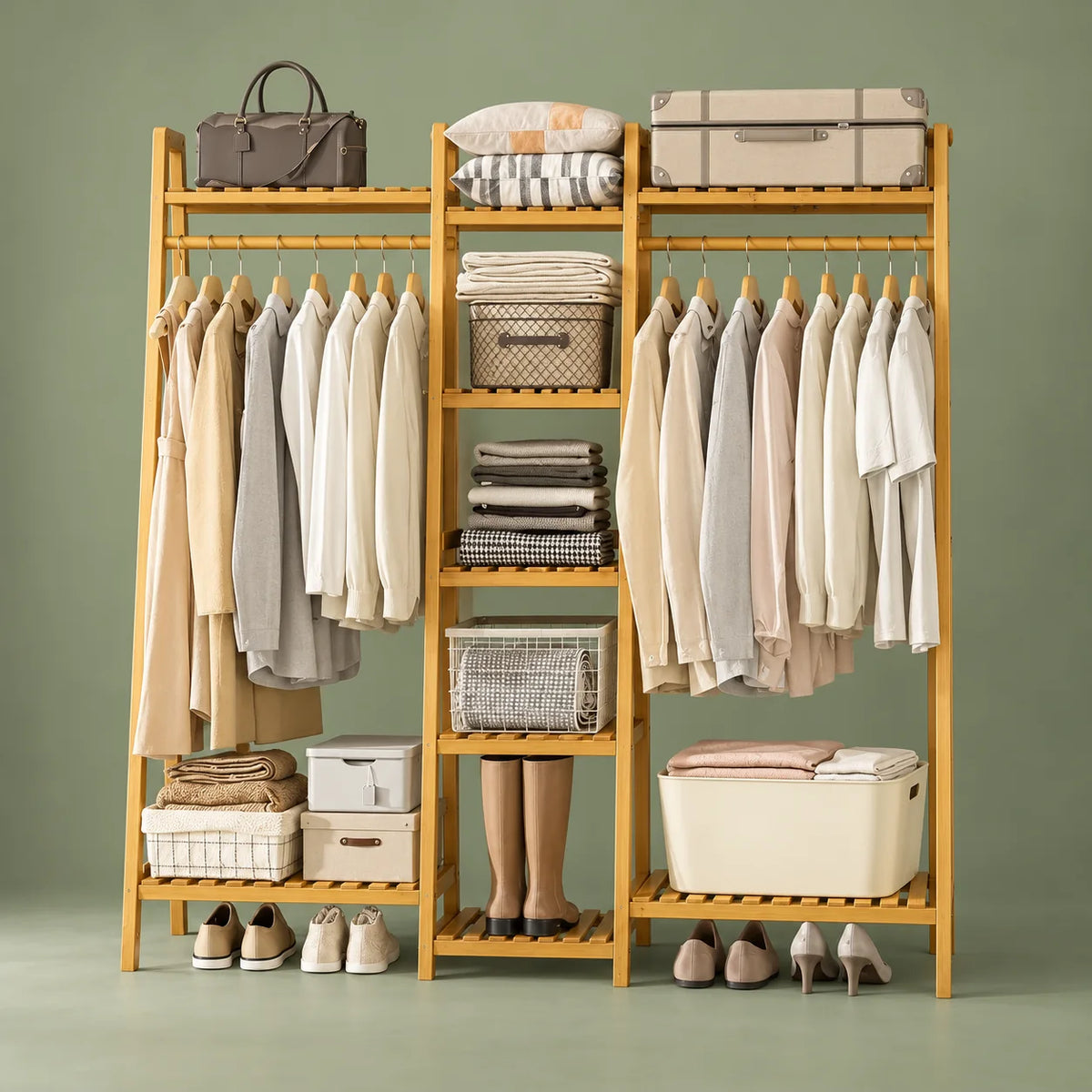 Grand dressing en bois clair de face sur fond vert sauge