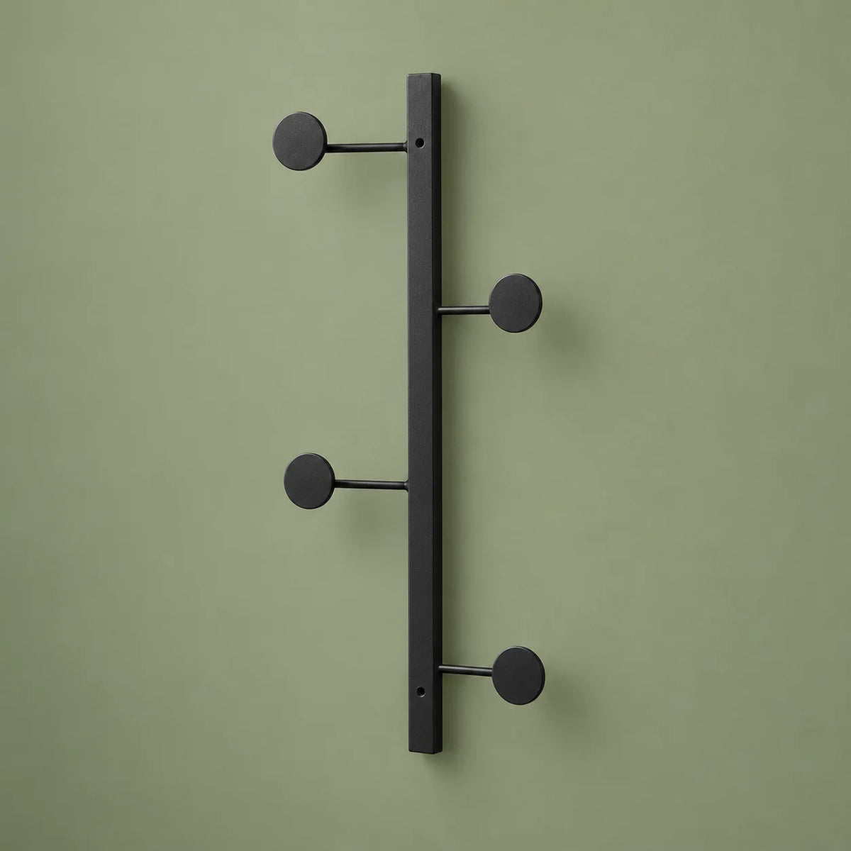 Vue rapprochée du porte-manteau mural noir à quatre crochets ronds sur fond vert sauge