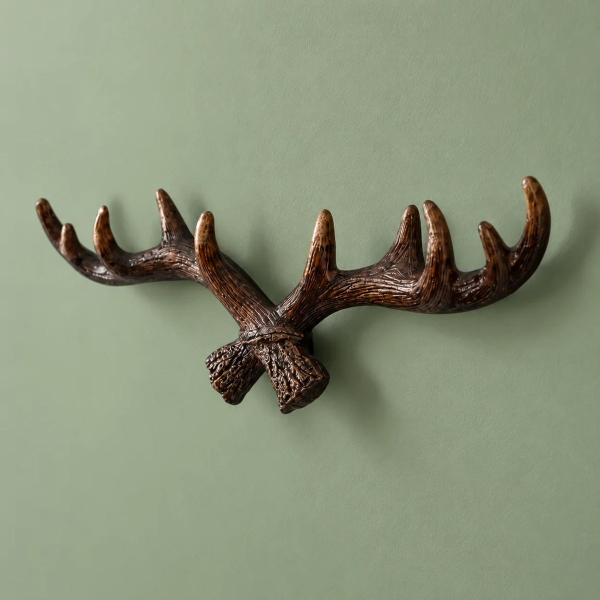 Patère murale bois de cerf foncé de trois quarts sur mur vert sauge