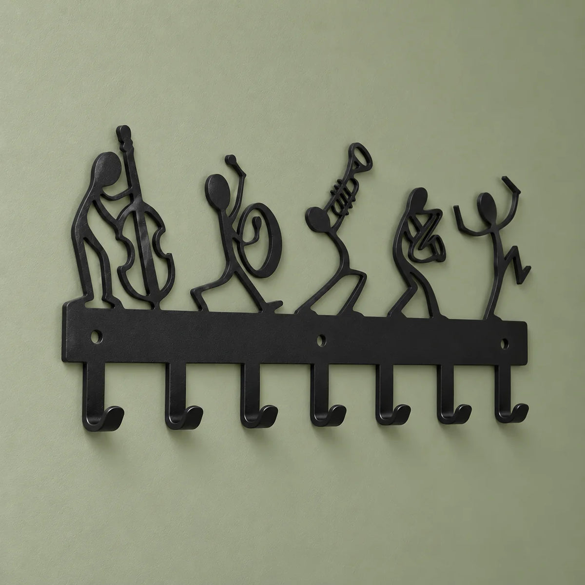 Vue légèrement oblique du porte-manteau mural à musiciens en métal noir