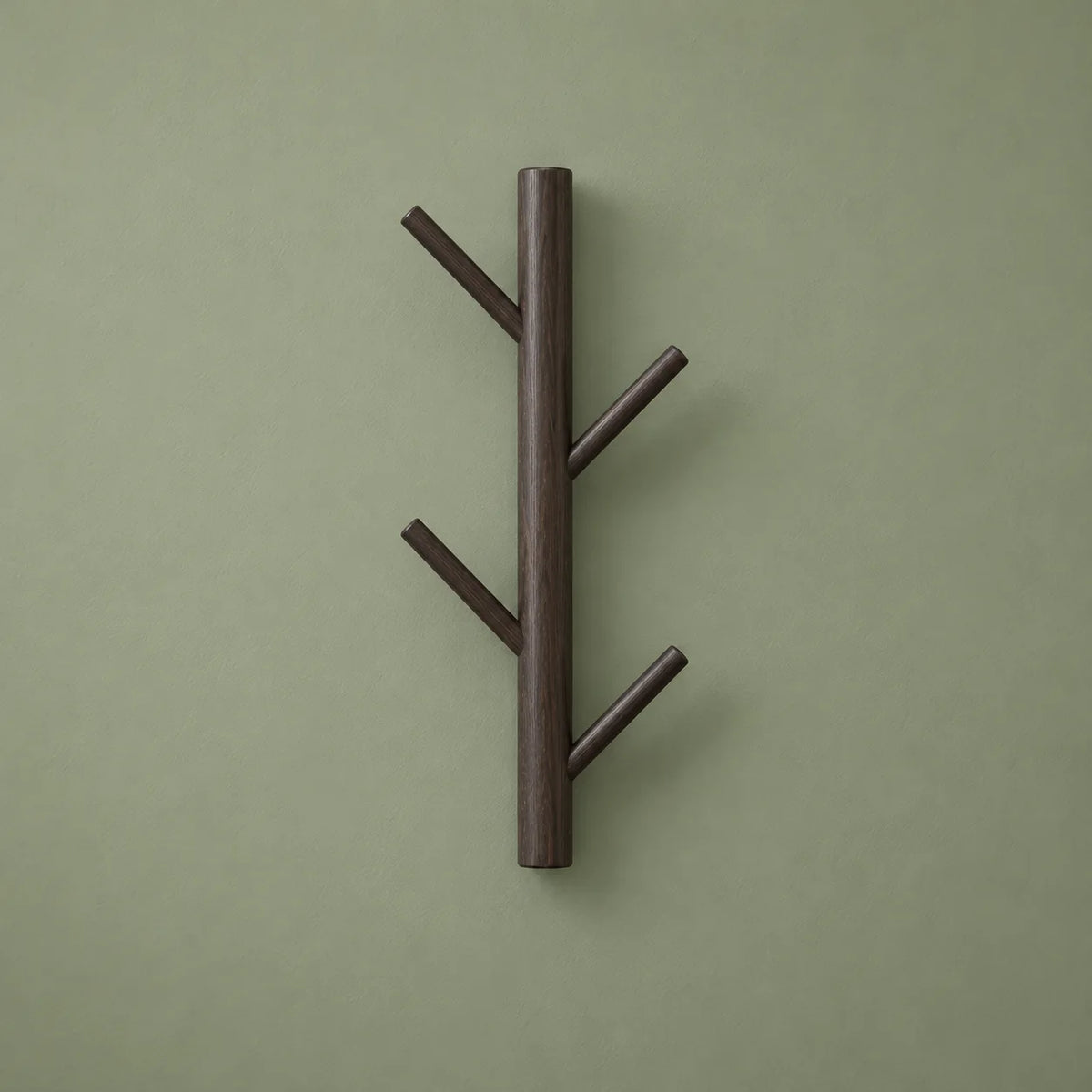 Porte-manteau mural en bois foncé vu de face sur fond vert sauge
