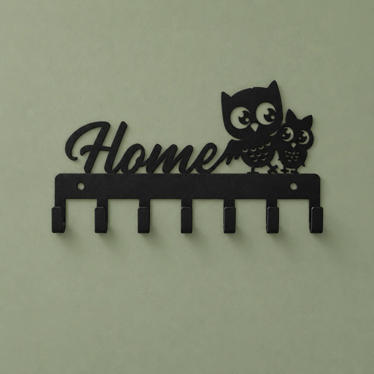 Porte-clés mural noir Home à deux hiboux et sept crochets sur fond vert sauge