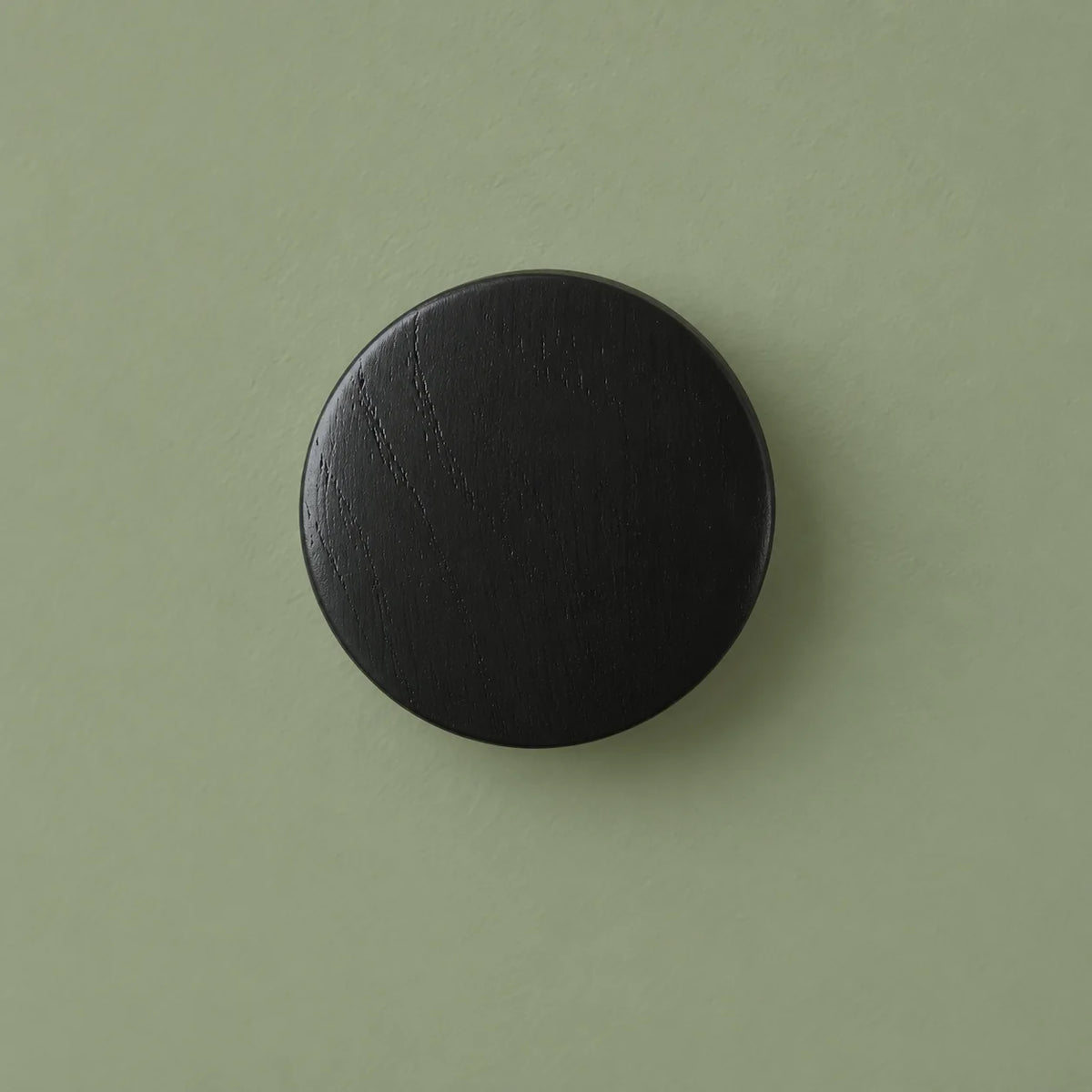 Patère ronde noire vue de face sur fond vert sauge