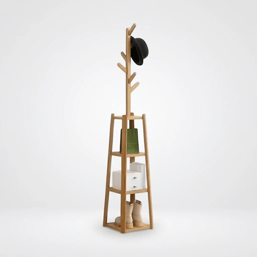 Photo originale du porte-manteau sur pied en bois à trois niveaux avec accessoires