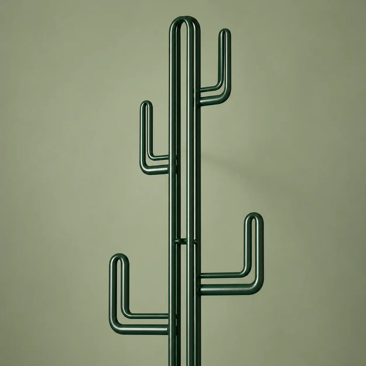Détail des crochets tubulaires en métal vert du porte-manteau cactus