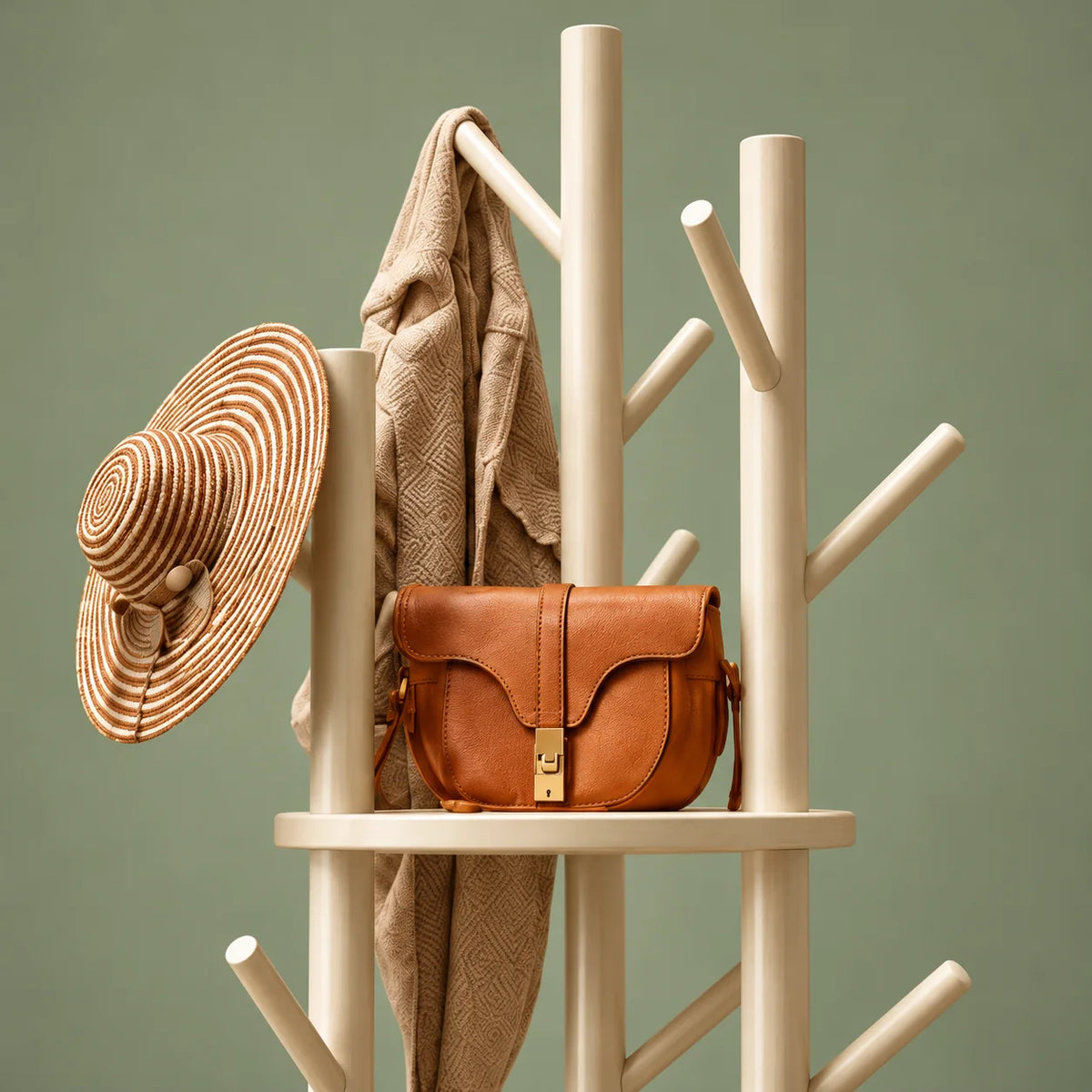 Détail des branches de suspension et de l'étagère haute du porte-manteau blanc