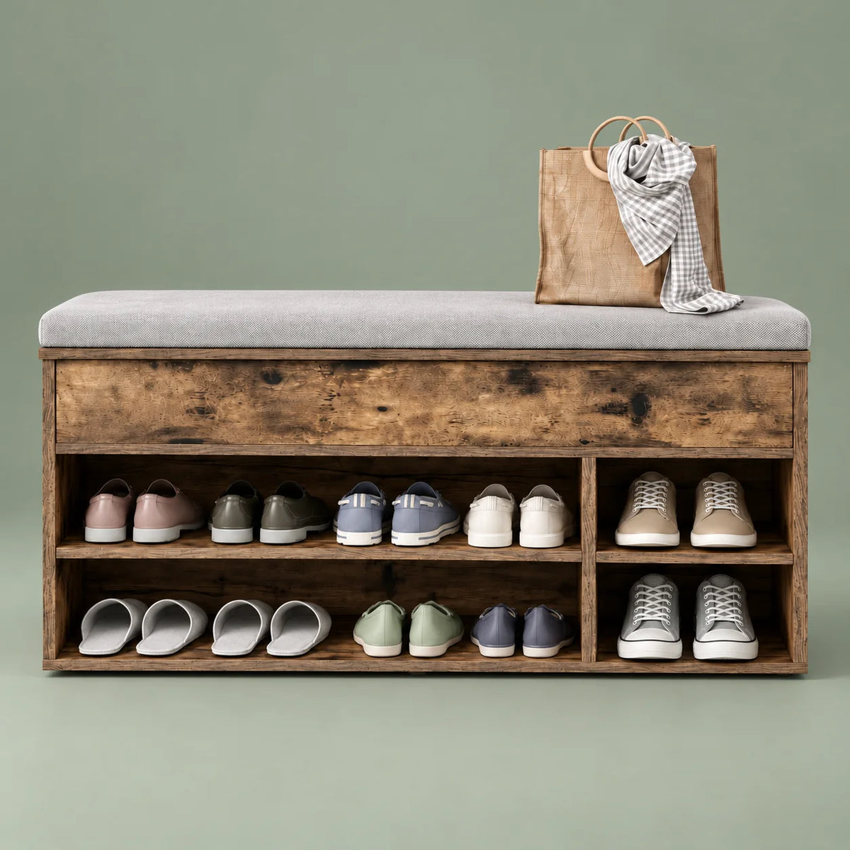 Vue de face du banc à chaussures en bois foncé sur fond vert sauge
