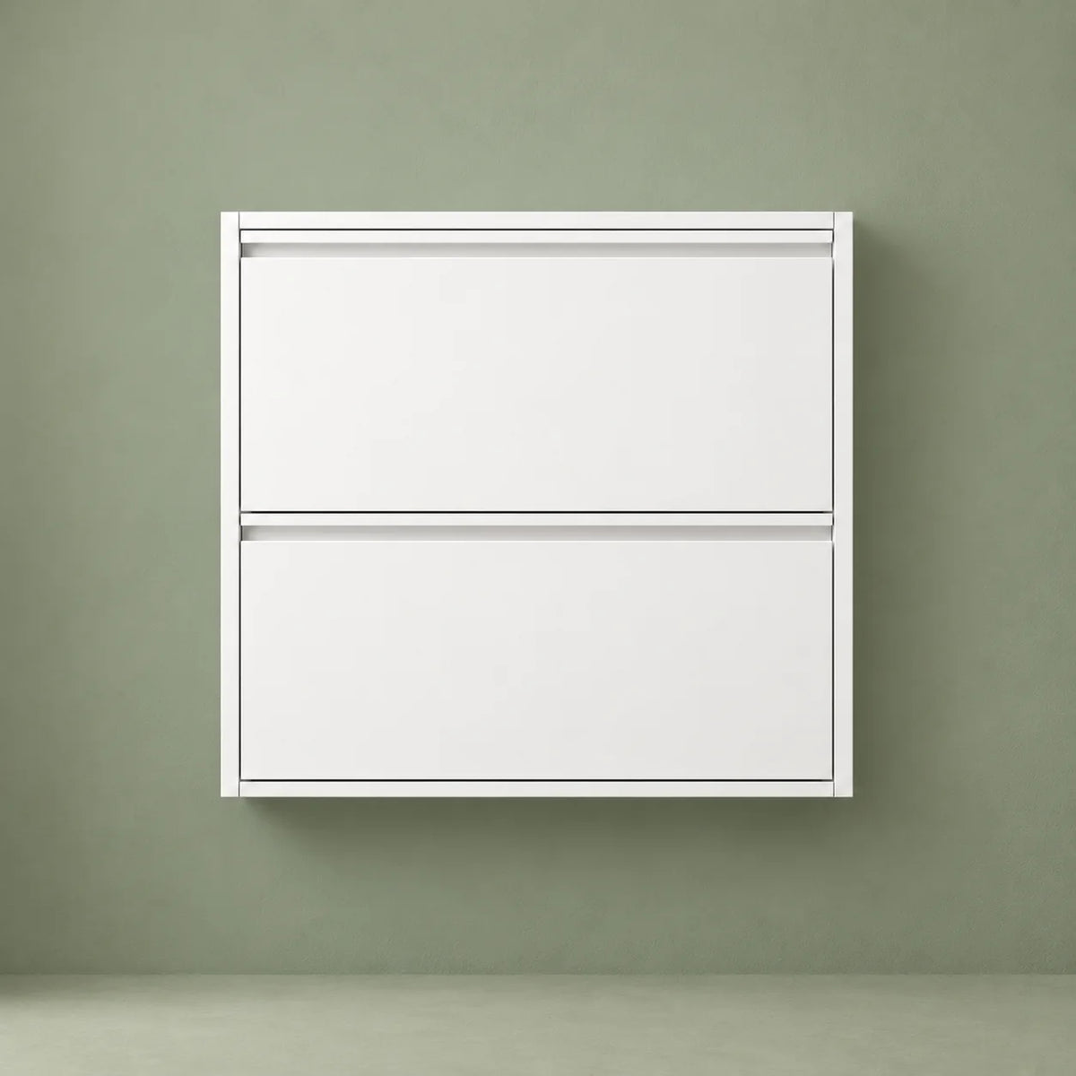 Vue de face du rangement à chaussures suspendu blanc sur fond vert sauge