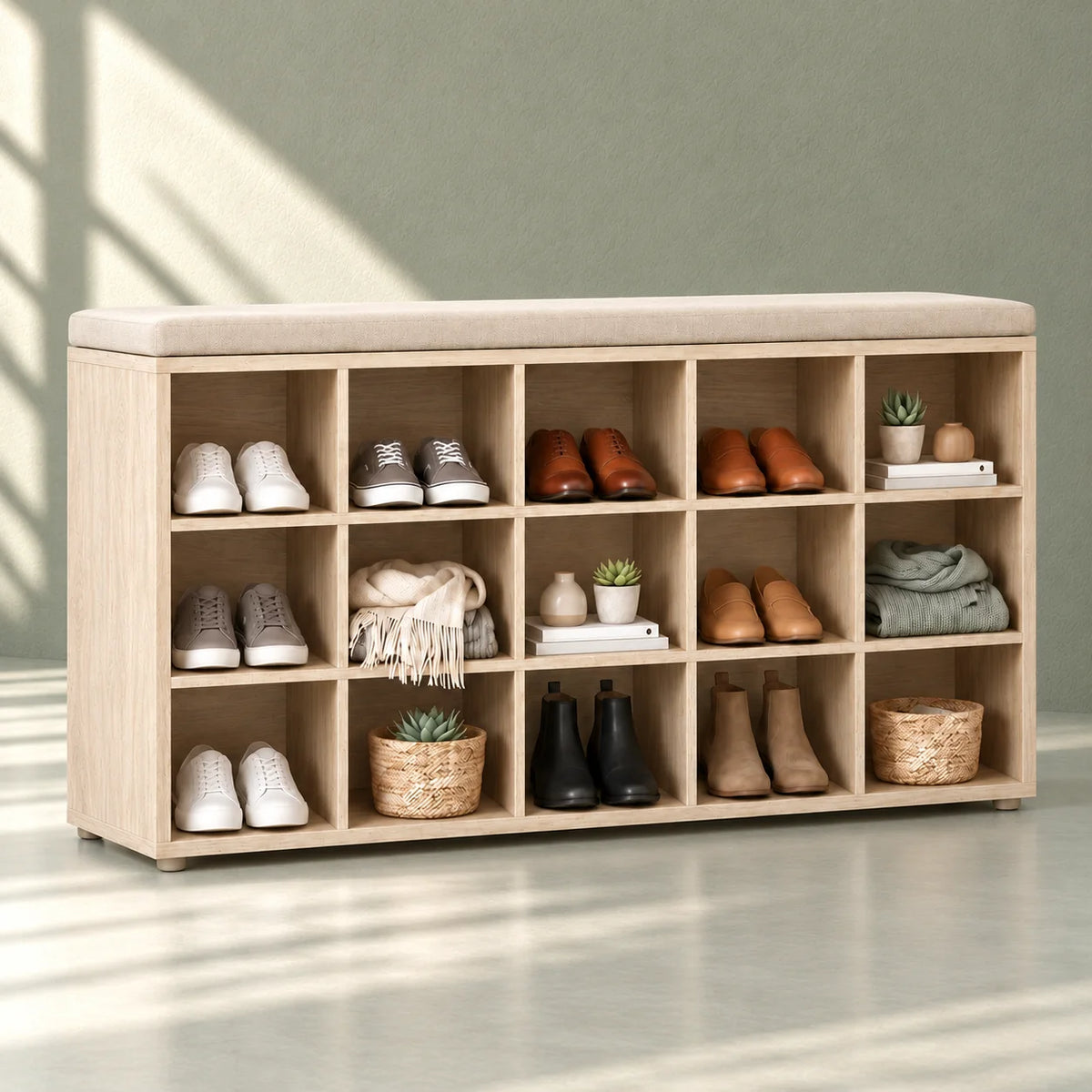 Vue de trois quarts gauche du banc à chaussures beige sur fond vert sauge