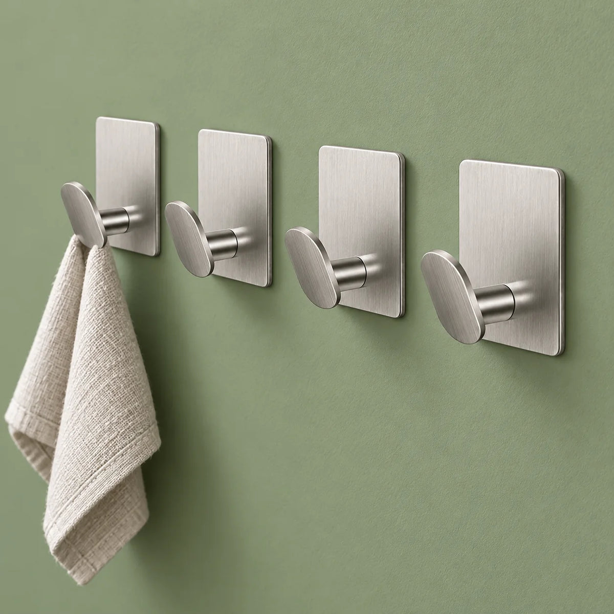 Quatre crochets de salle de bain argent alignés sur fond vert sauge