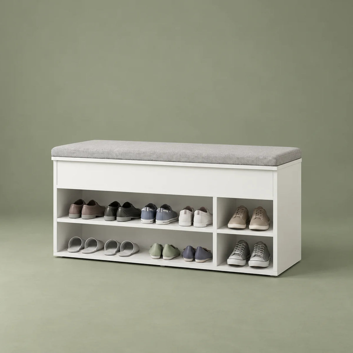 Vue de trois quarts gauche du banc à chaussures blanc sur fond vert sauge
