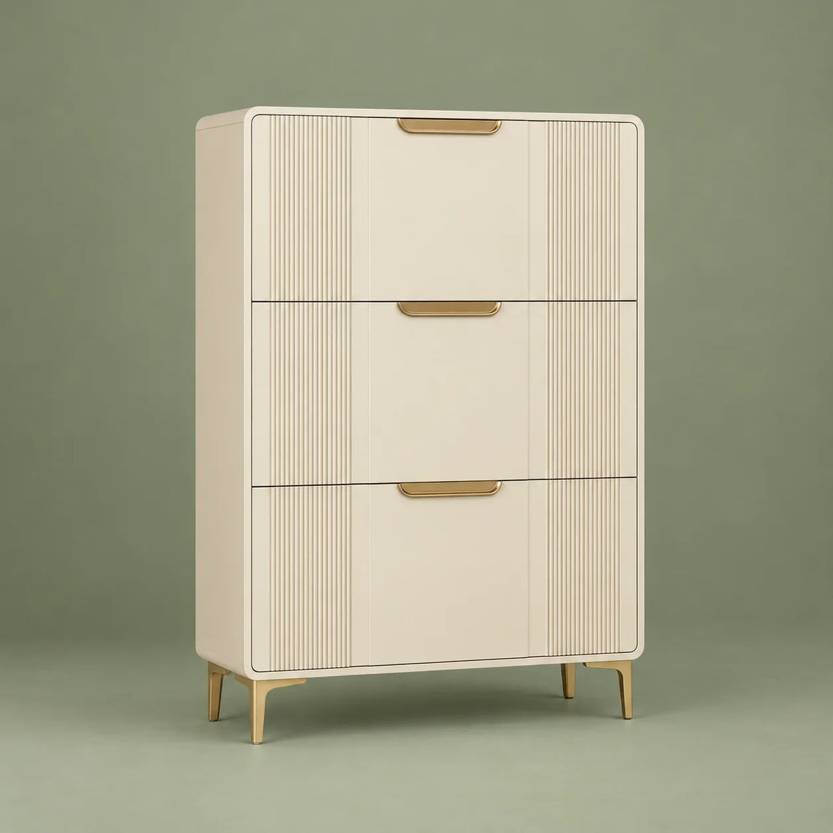 Vue de trois quarts gauche du meuble à chaussures console beige sur fond vert sauge