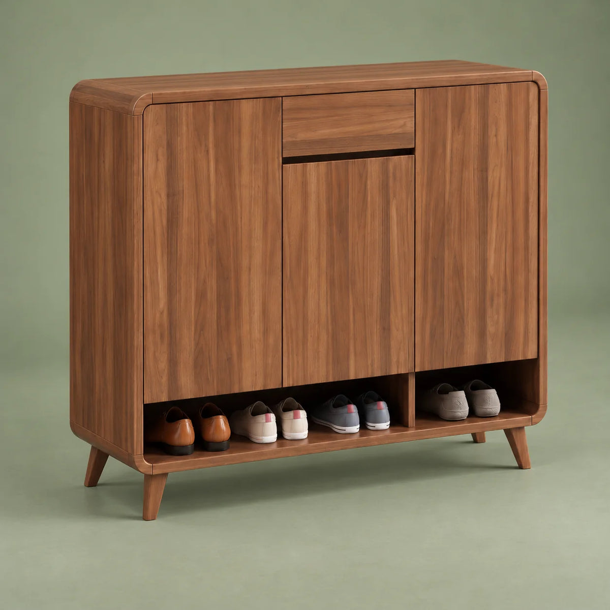 Vue de trois quarts gauche du meuble à chaussures en bois avec rangement inférieur
