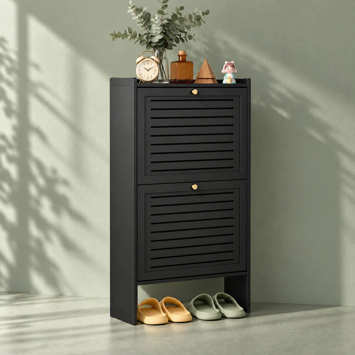 Vue de trois quarts gauche du meuble à chaussures fin noir sur fond vert sauge