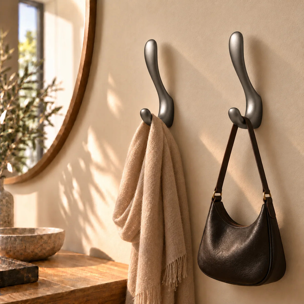 Deux exemplaires de la patère crochet grise avec écharpe et sac dans une entrée