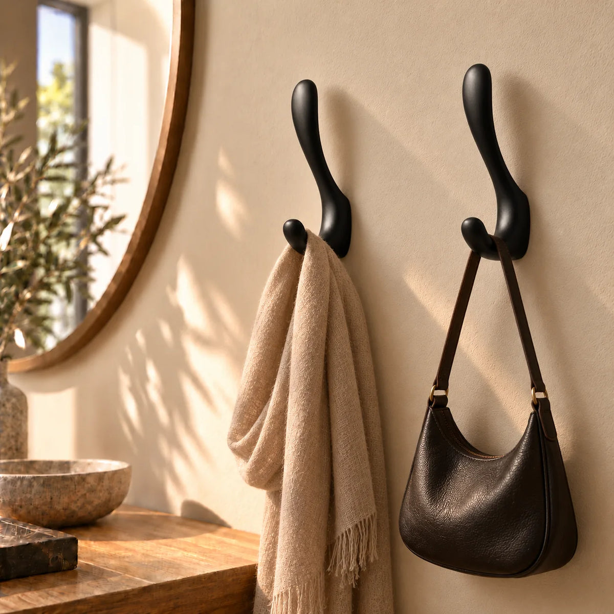 Deux exemplaires de la patère crochet noire avec écharpe et sac dans une entrée