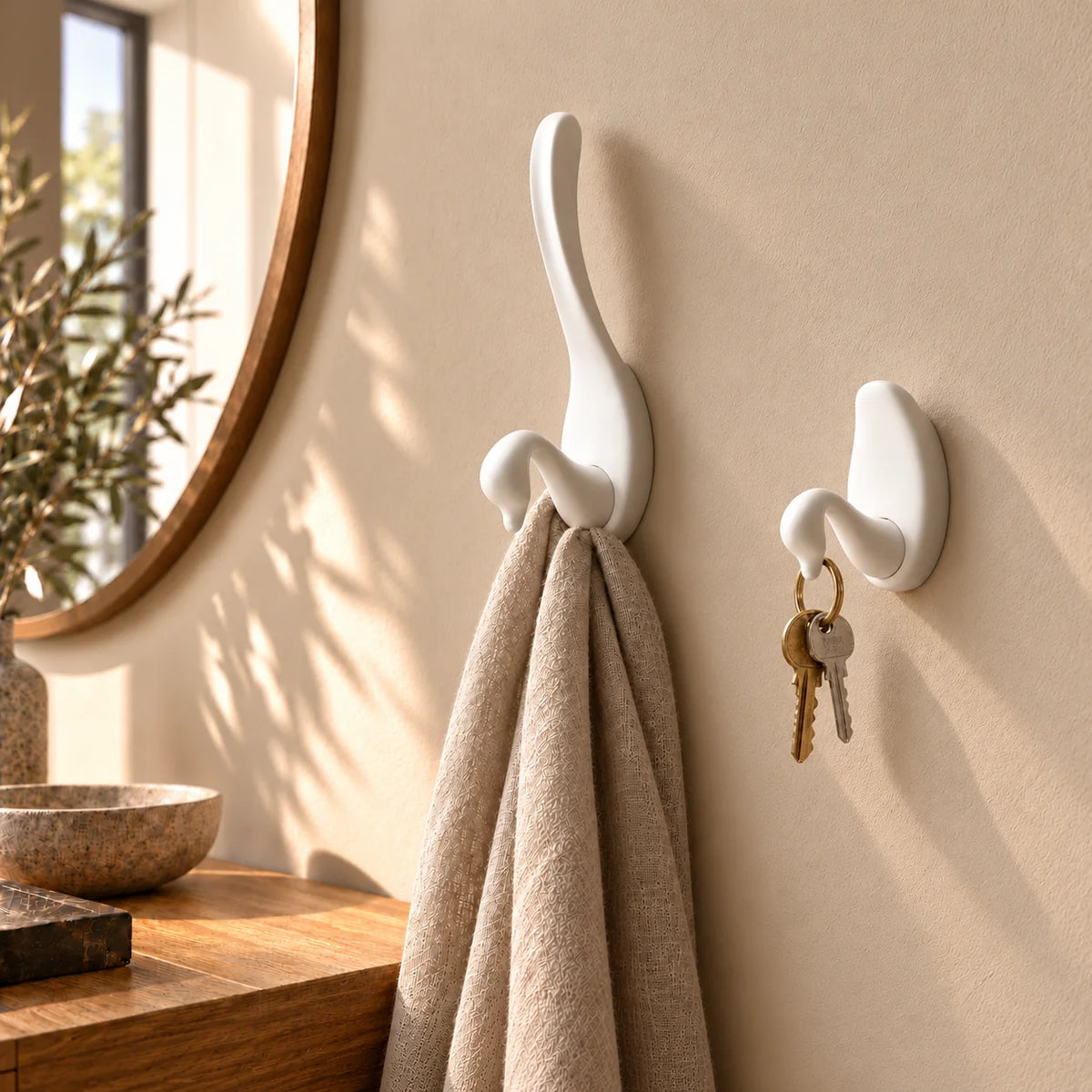 Variantes Grand et Petit des patères cygne blanc mat installées ensemble dans une entrée