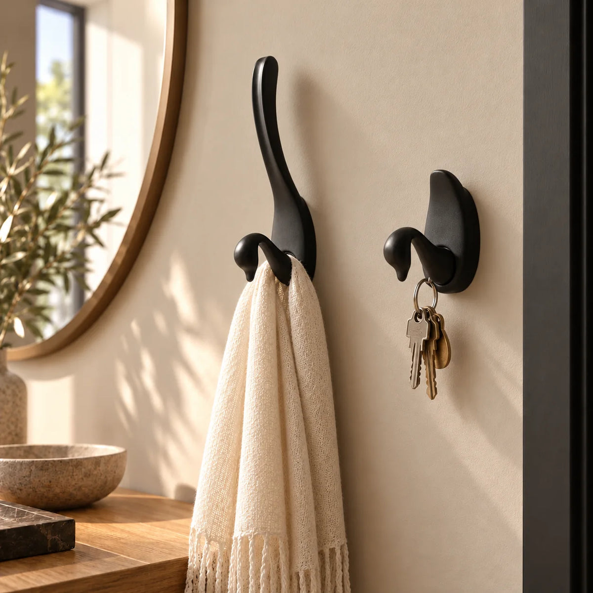 Variantes Grand et Petit des patères cygne noires installées ensemble dans une entrée
