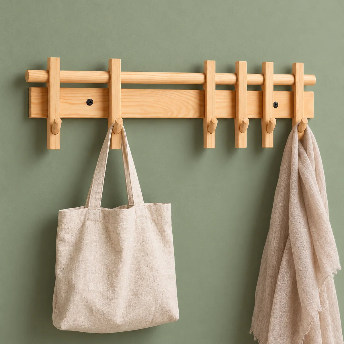 Porte-manteau mural en bois clair avec sac et écharpe sur fond vert sauge