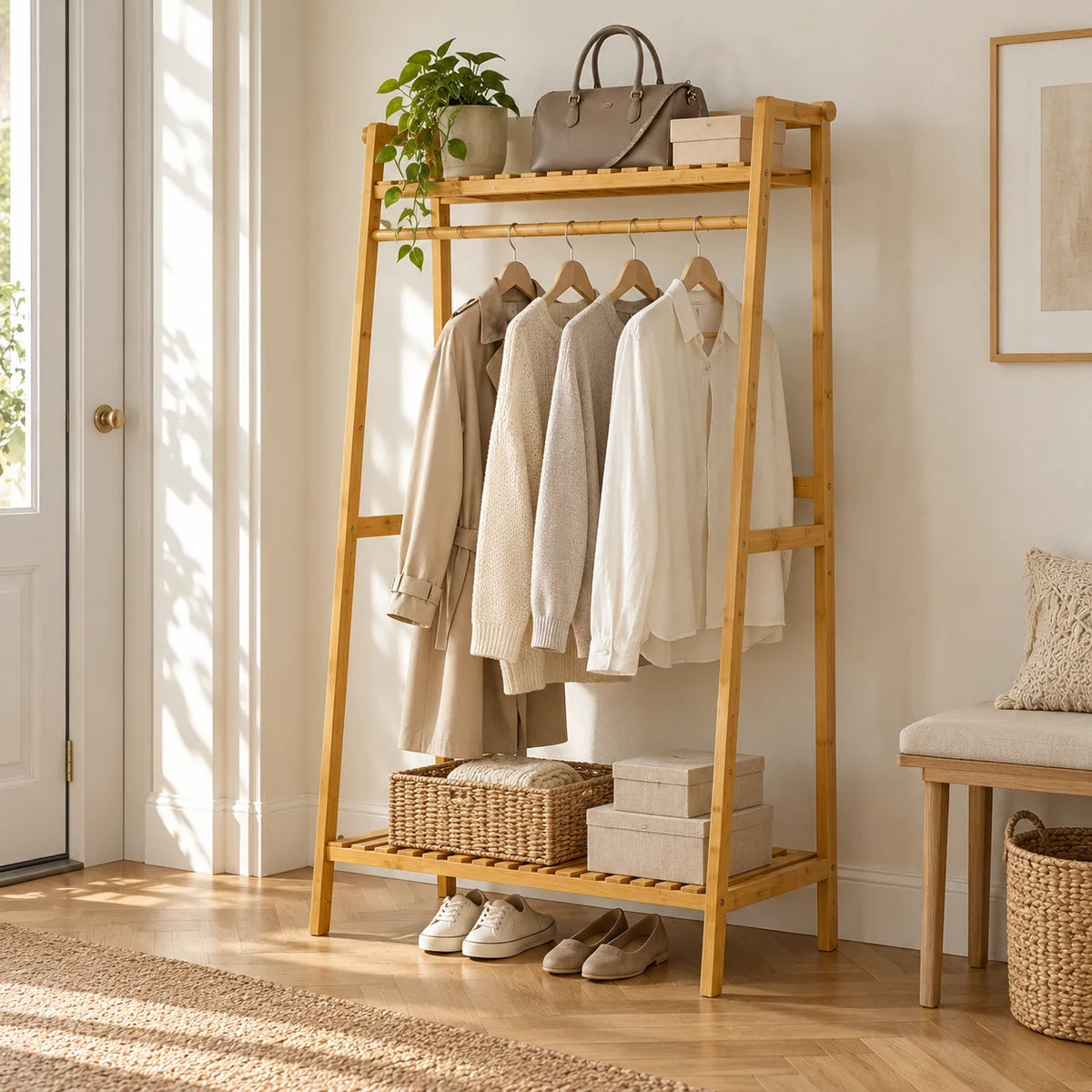 Dressing porte-manteau en bois clair intégré dans une entrée avec vêtements et chaussures