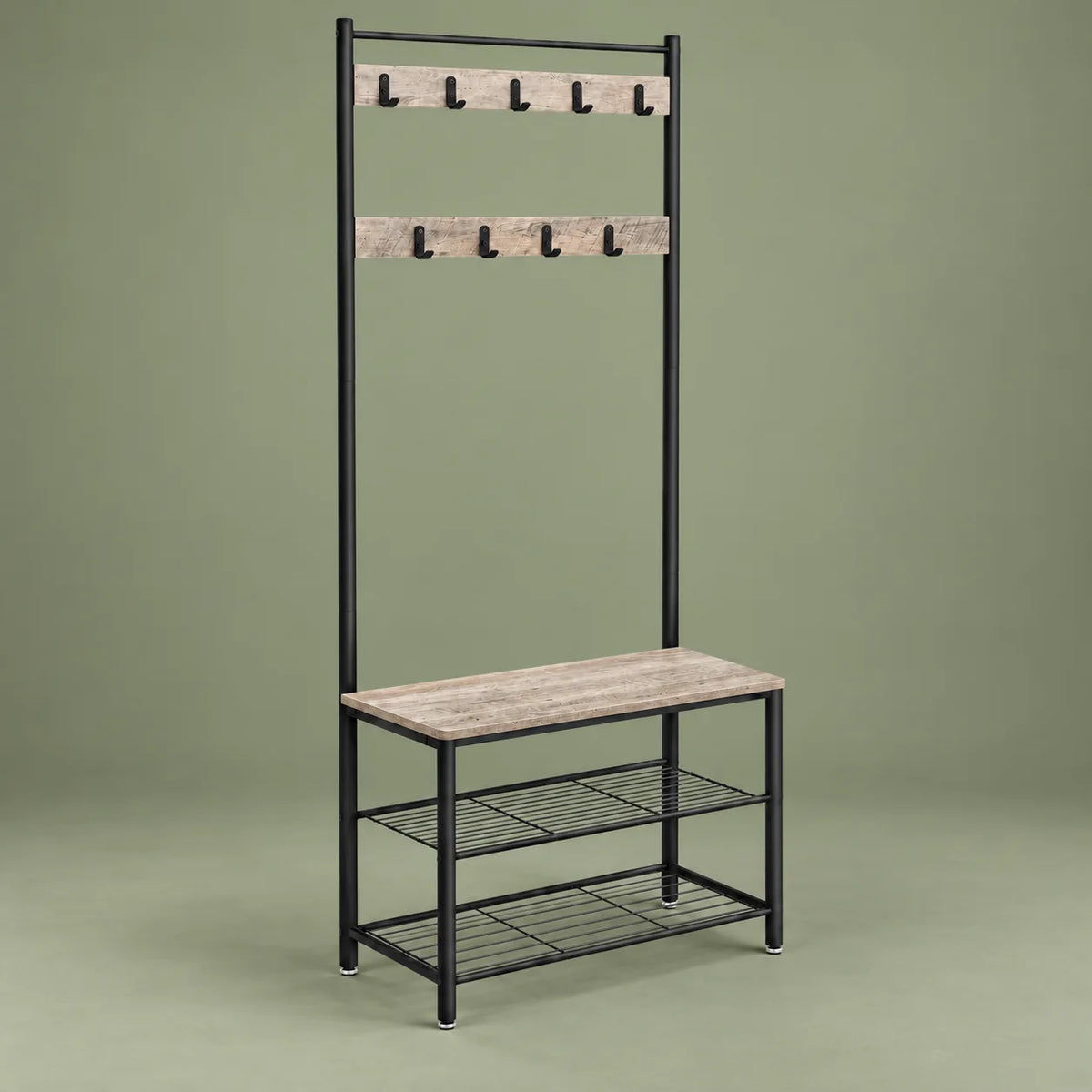 Meuble d’entrée beige et noir vu sous un autre angle sur fond vert sauge