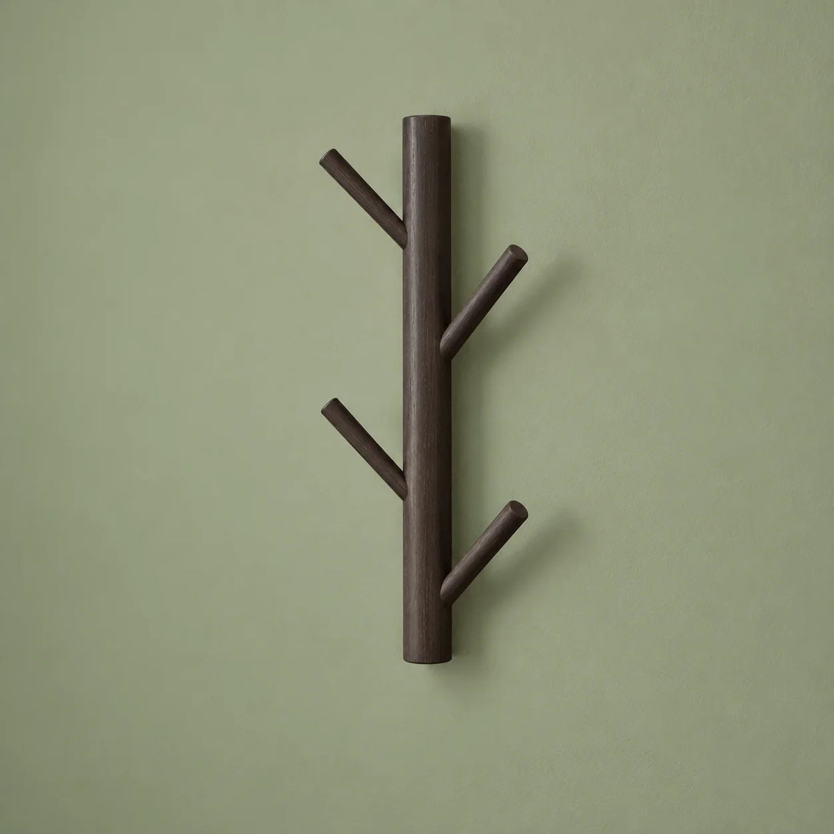 Porte-manteau mural en bois foncé vu en angle sur fond vert sauge