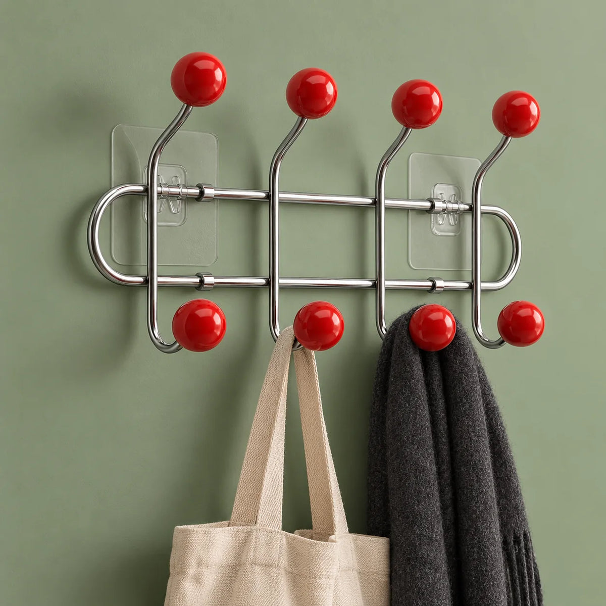 Porte-manteau chromé à boules rouges avec sac et écharpe sur fond vert sauge