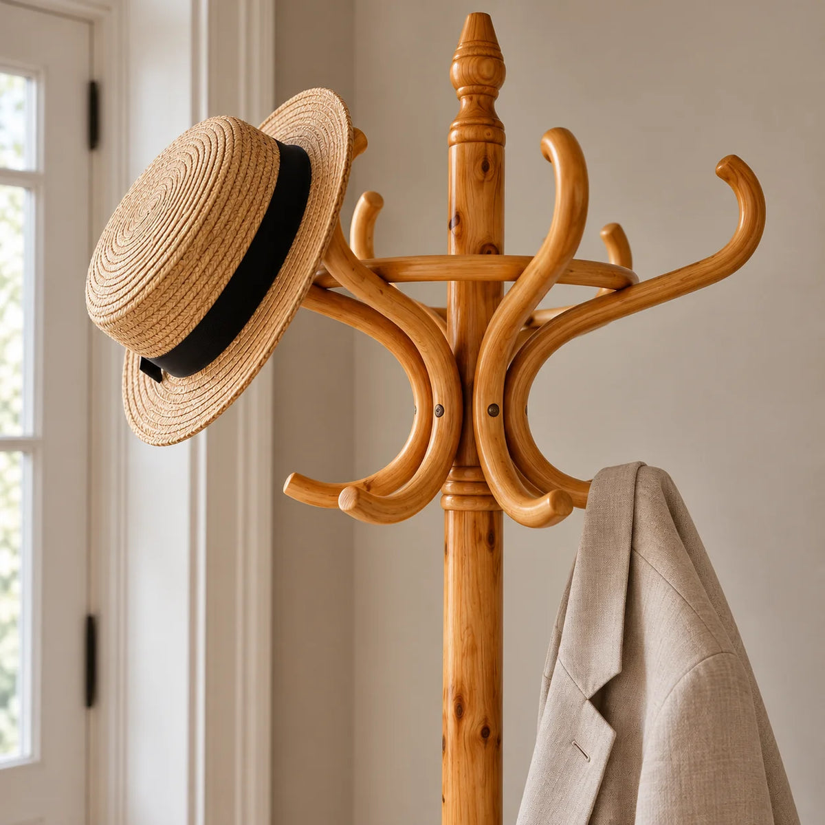 Crochets du porte-manteau perroquet bois clair avec chapeau et veste dans une entrée