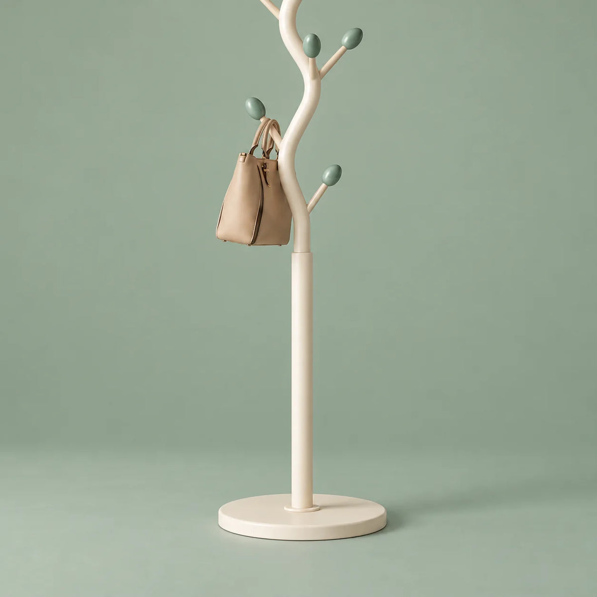 Vue rapprochée des branches inférieures ivoire à embouts vert sauge, du sac beige et du pied rond ivoire sur fond vert