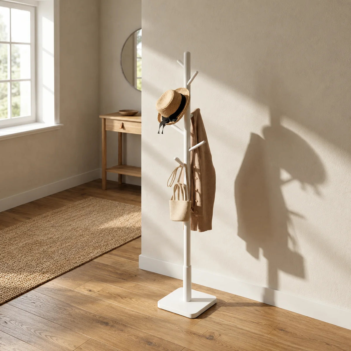 Porte-manteau arbre blanc vu d’un autre angle dans une entrée lumineuse