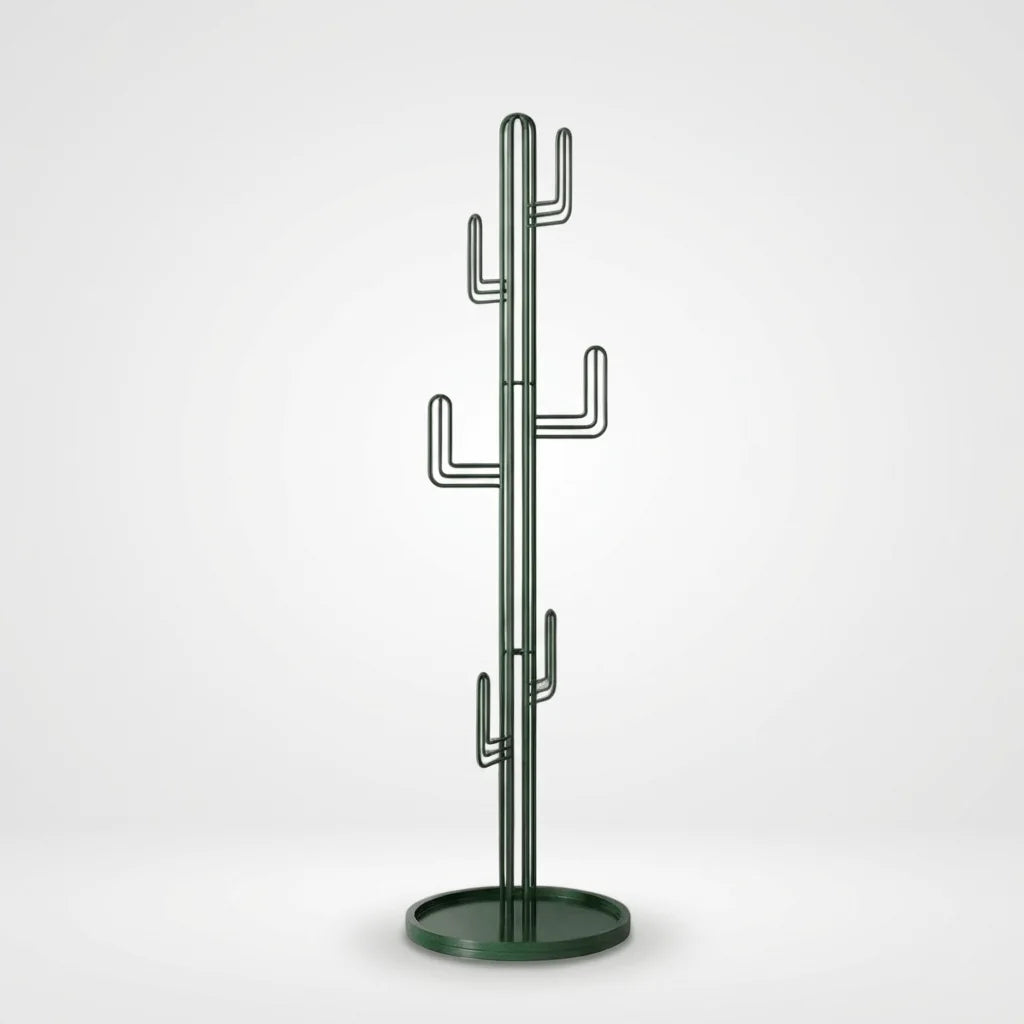 Porte-manteau cactus vert sur pied et socle circulaire, vue sans accessoires