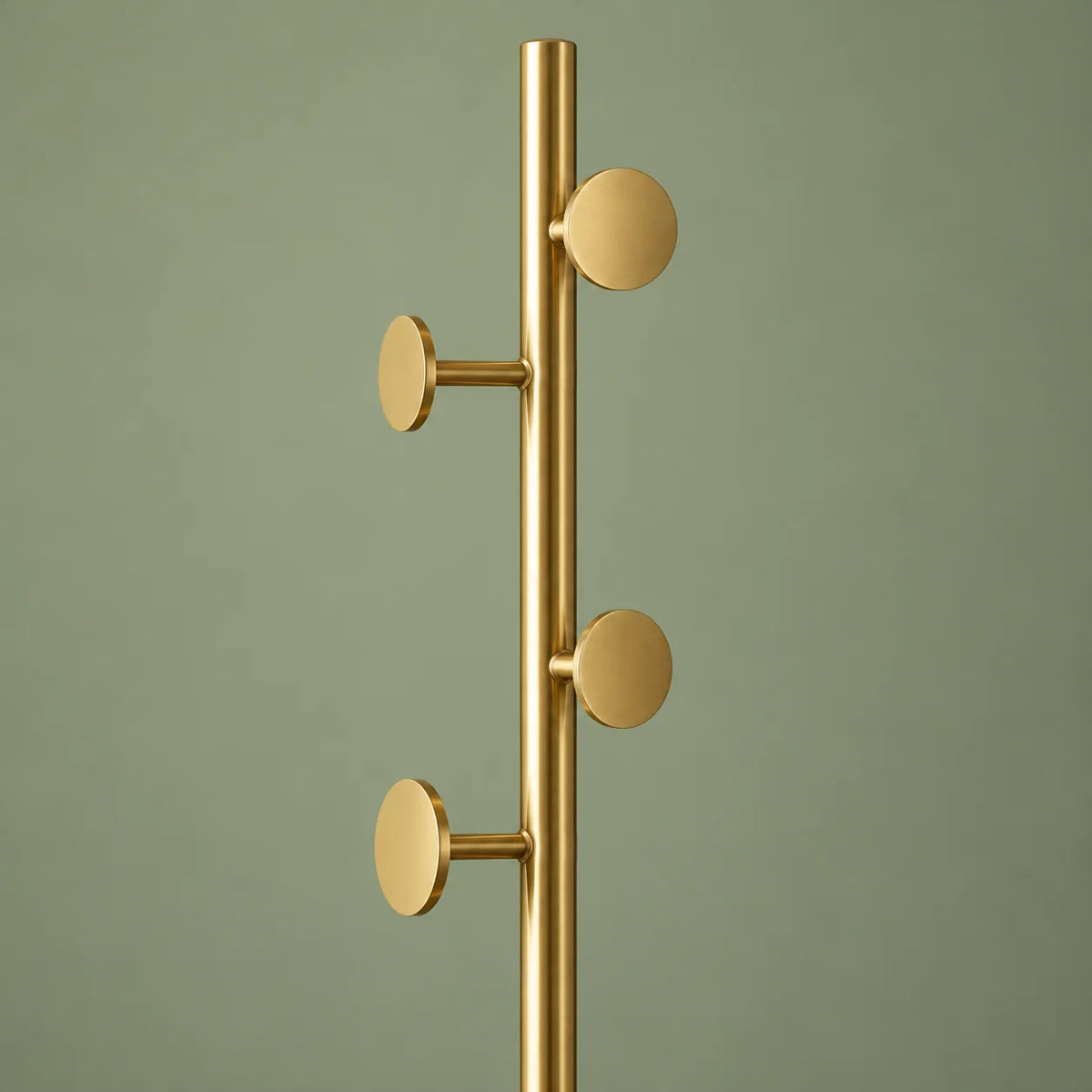 Détail des crochets ronds et de la tige dorée du porte-manteau sur fond vert