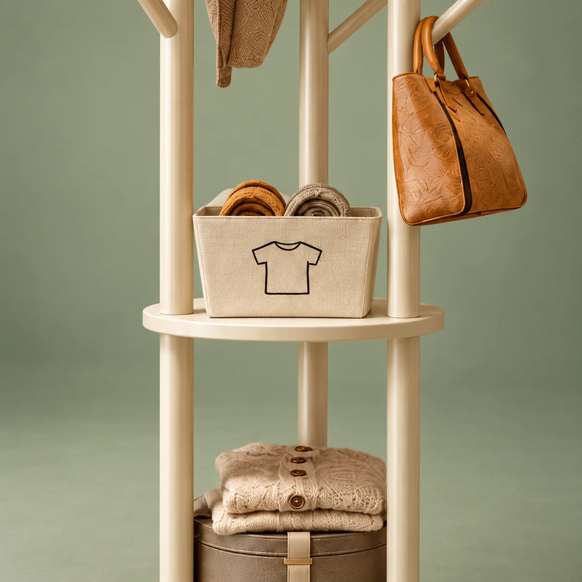 Détail des étagères et rangements du porte-manteau blanc sur fond vert sauge