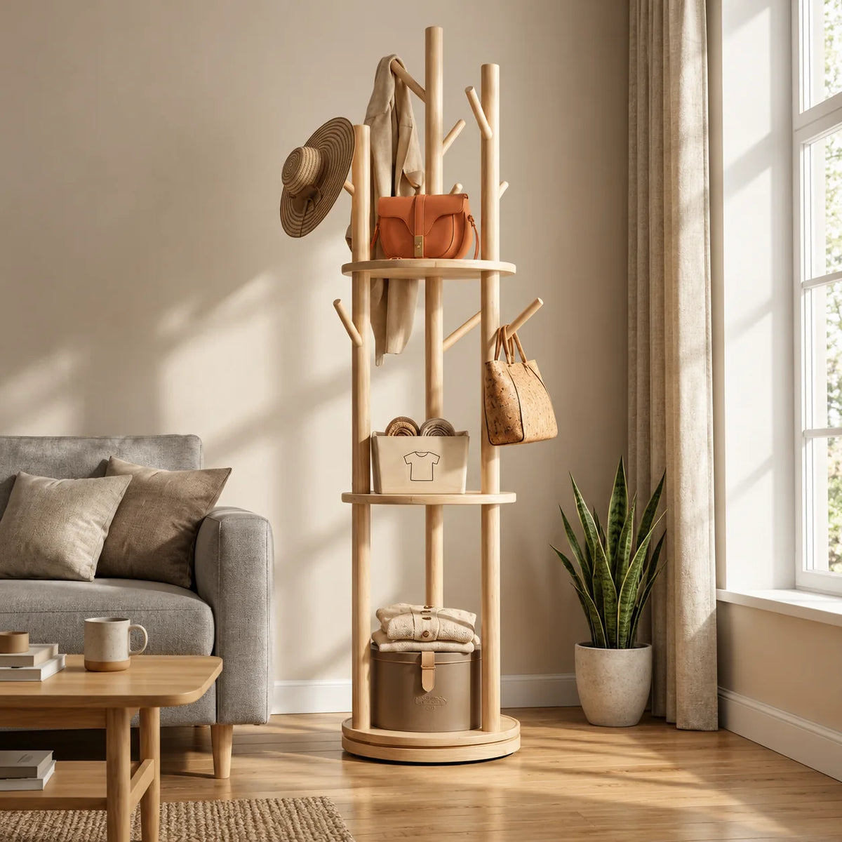 Porte-manteau en bois clair vu d’un autre angle dans un salon ensoleillé