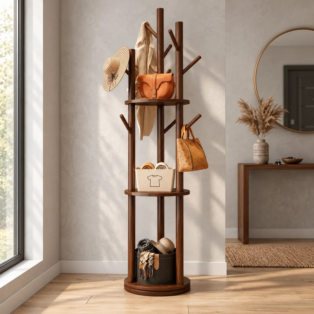 Porte-manteau sur pied en bois foncé dans une entrée, vu depuis un autre angle