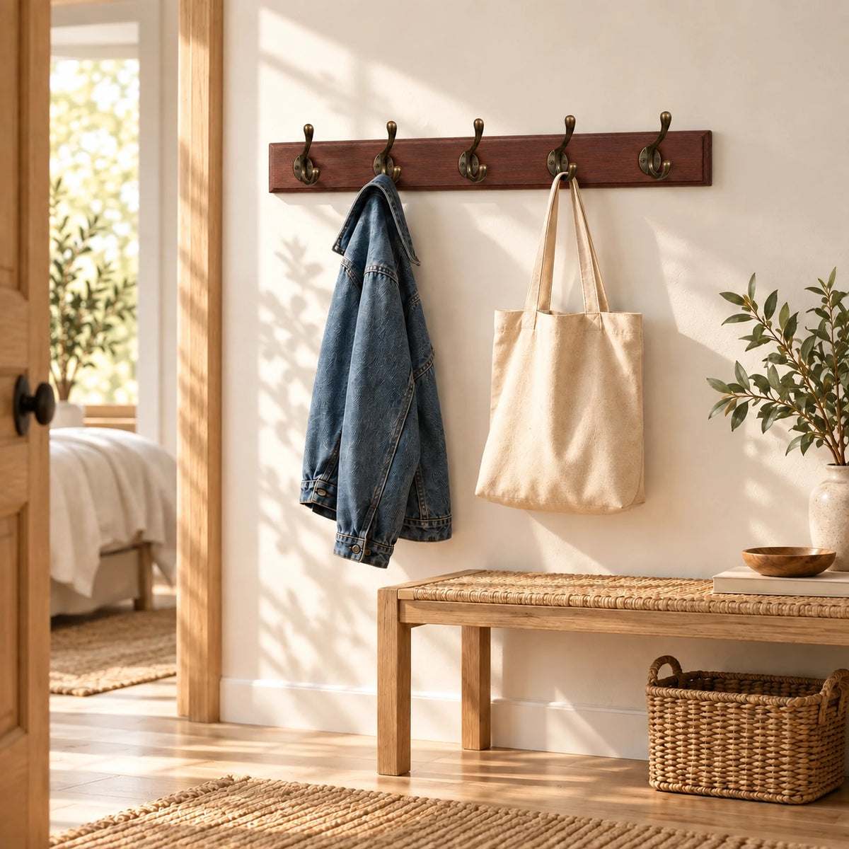 Porte Manteau entrée Ancien Grand Crochet bois à l'entrée d'une chambre lumineuse, veste et tote bag suspendus