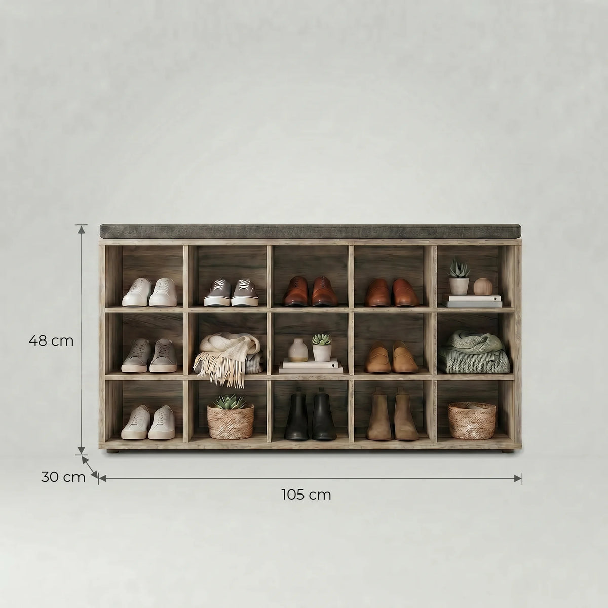 Dimensions du banc à chaussures : 48 cm de hauteur, 105 cm de largeur et 30 cm de profondeur