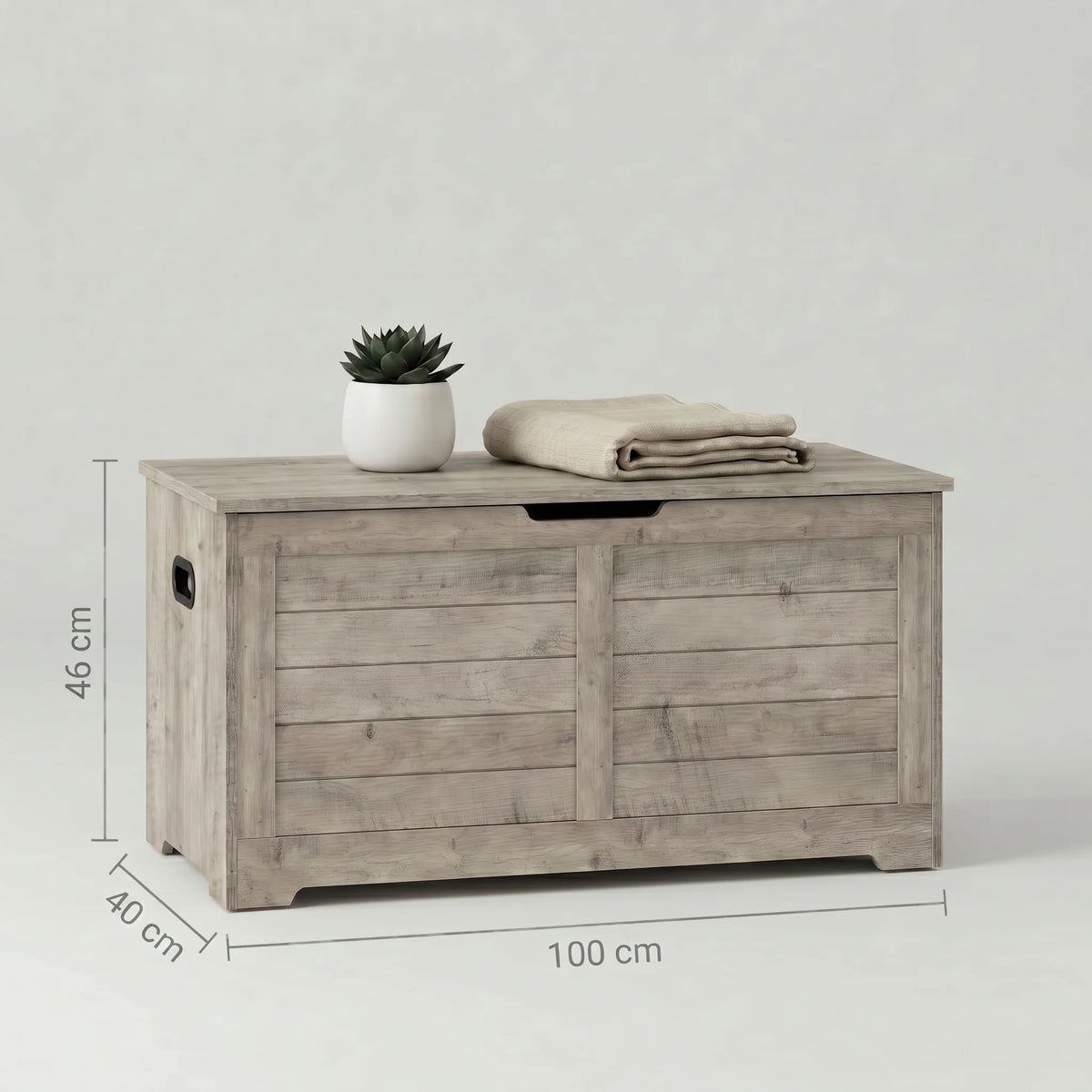 Dimensions du banc coffre à chaussures : 46 cm de hauteur, 100 cm de largeur et 40 cm de profondeur