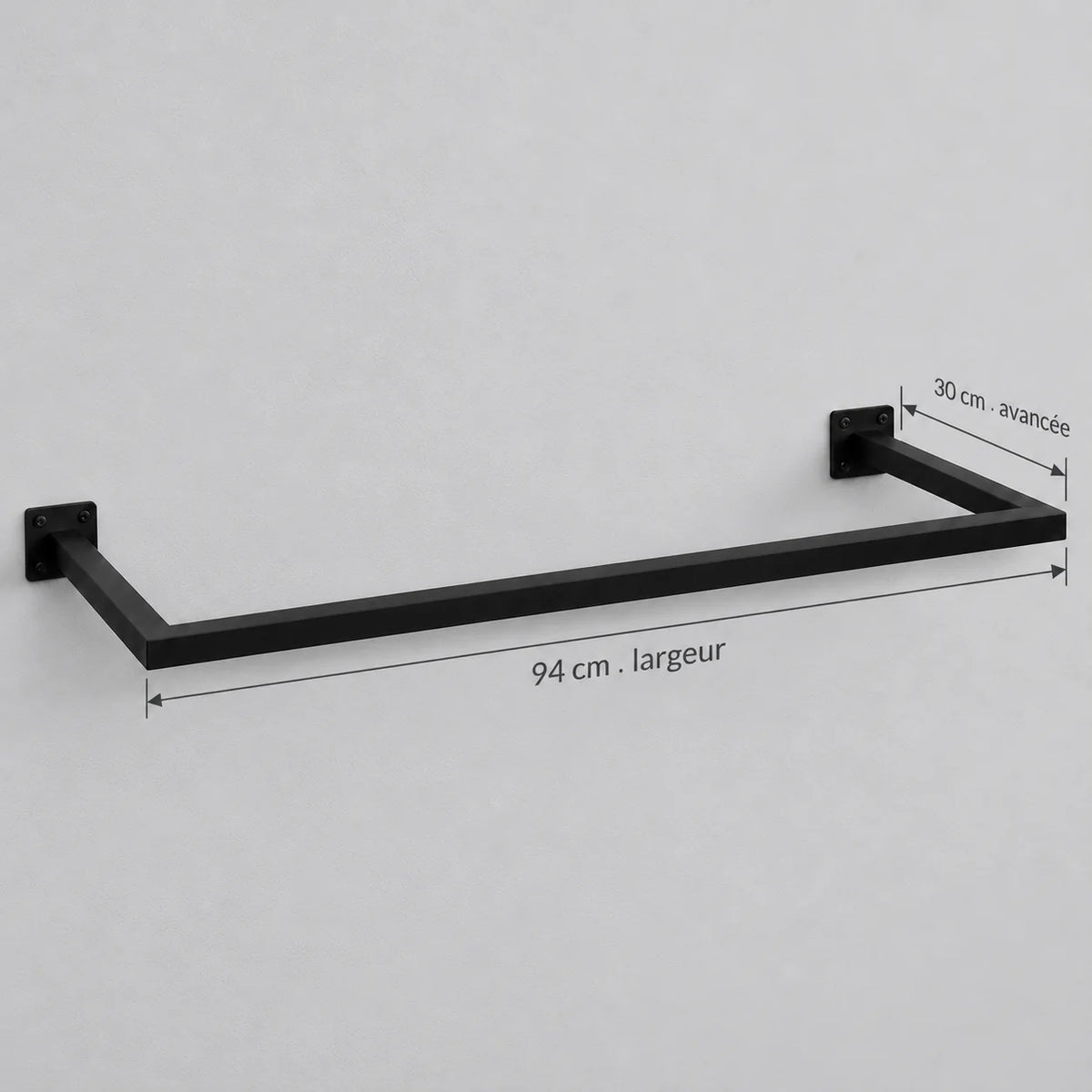 Dimensions de la barre porte-manteau murale noire : largeur 94 cm et avancée de 30 cm