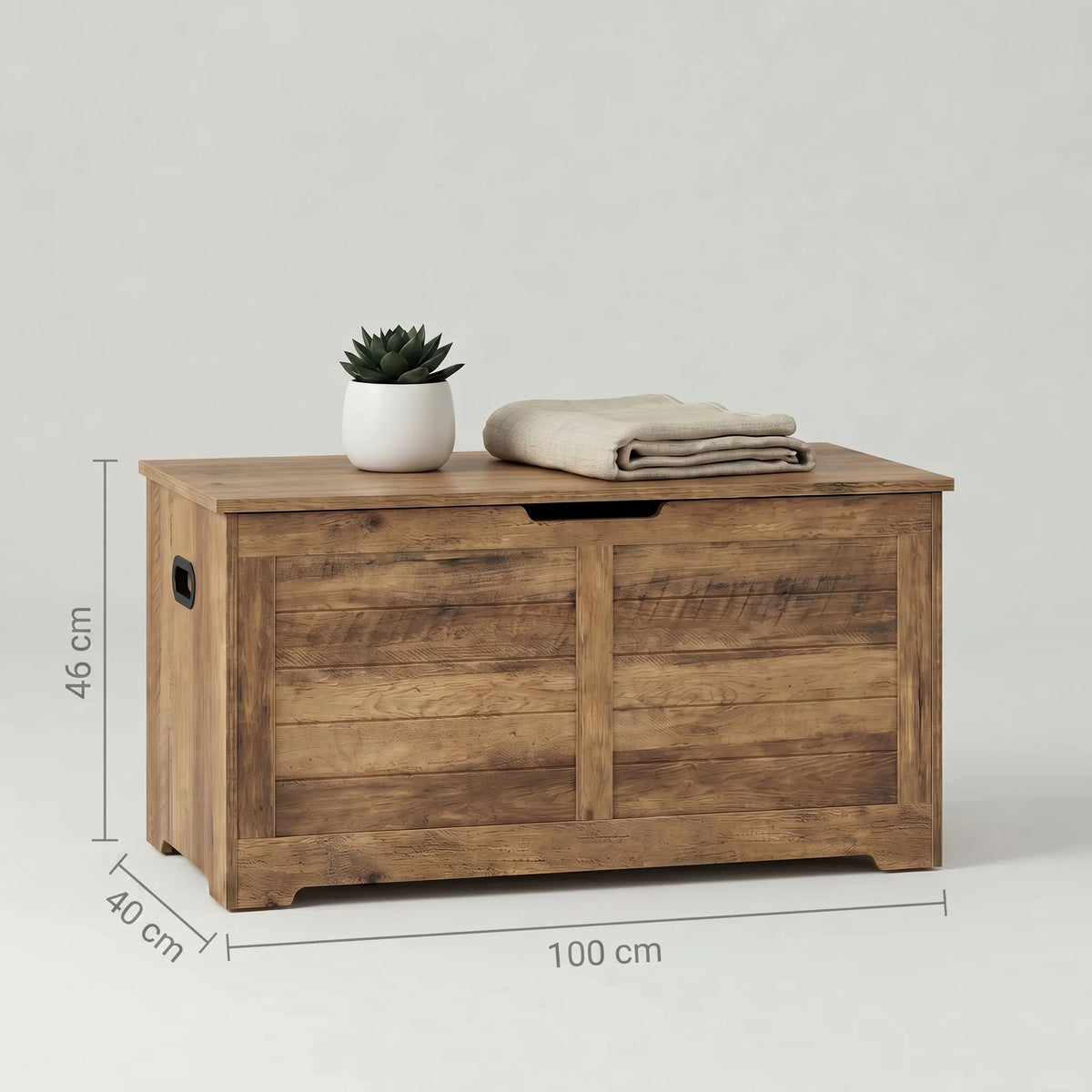 Dimensions du coffre à chaussures : 46 cm de hauteur, 100 cm de largeur et 40 cm de profondeur