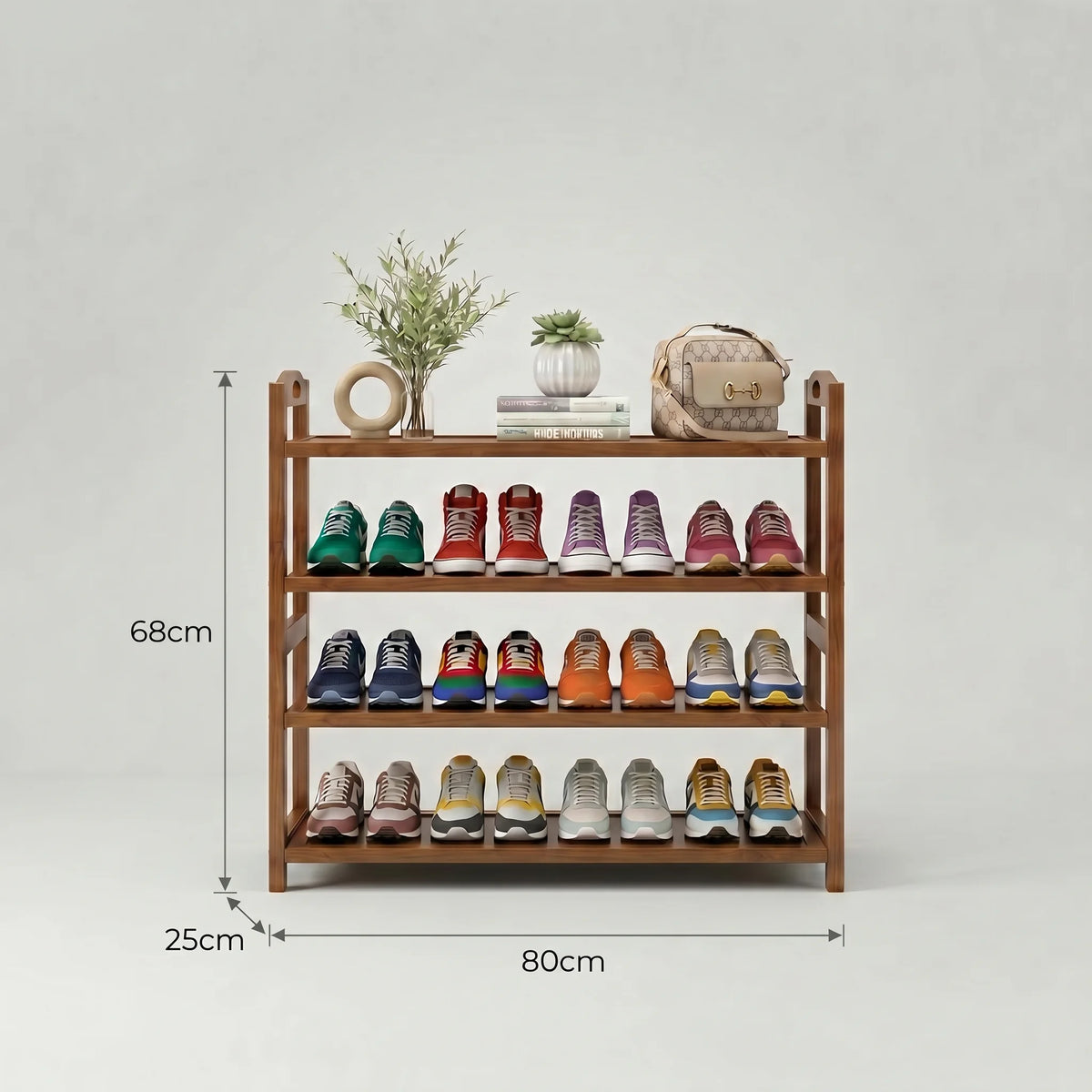 Dimensions de l’étagère à chaussures en bambou marron : 68 cm de hauteur, 80 cm de largeur et 25 cm de profondeur