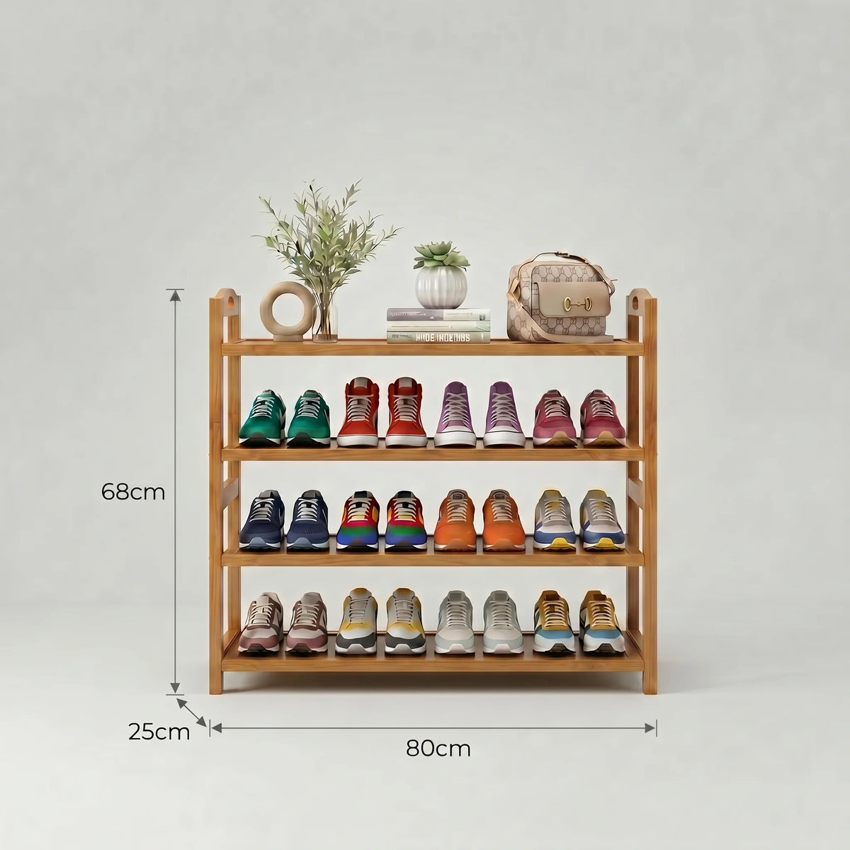 Dimensions de l’étagère à chaussures en bambou miel clair : 68 cm de hauteur, 80 cm de largeur et 25 cm de profondeur