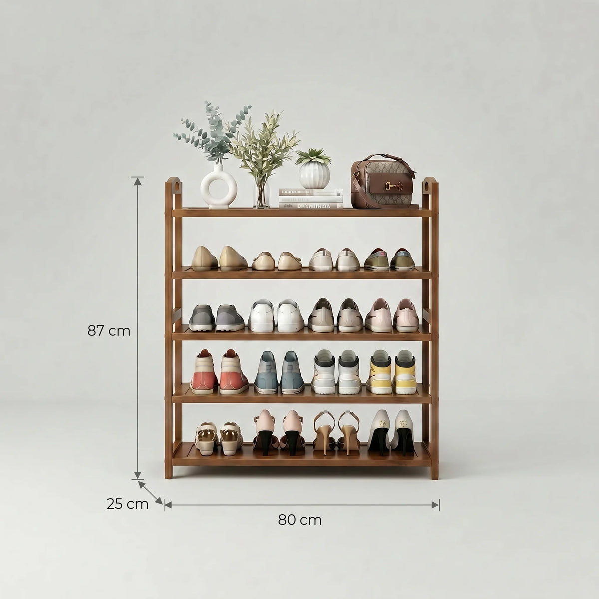 Dimensions de l’étagère à chaussures en bambou brun foncé : 87 cm de hauteur, 80 cm de largeur et 25 cm de profondeur