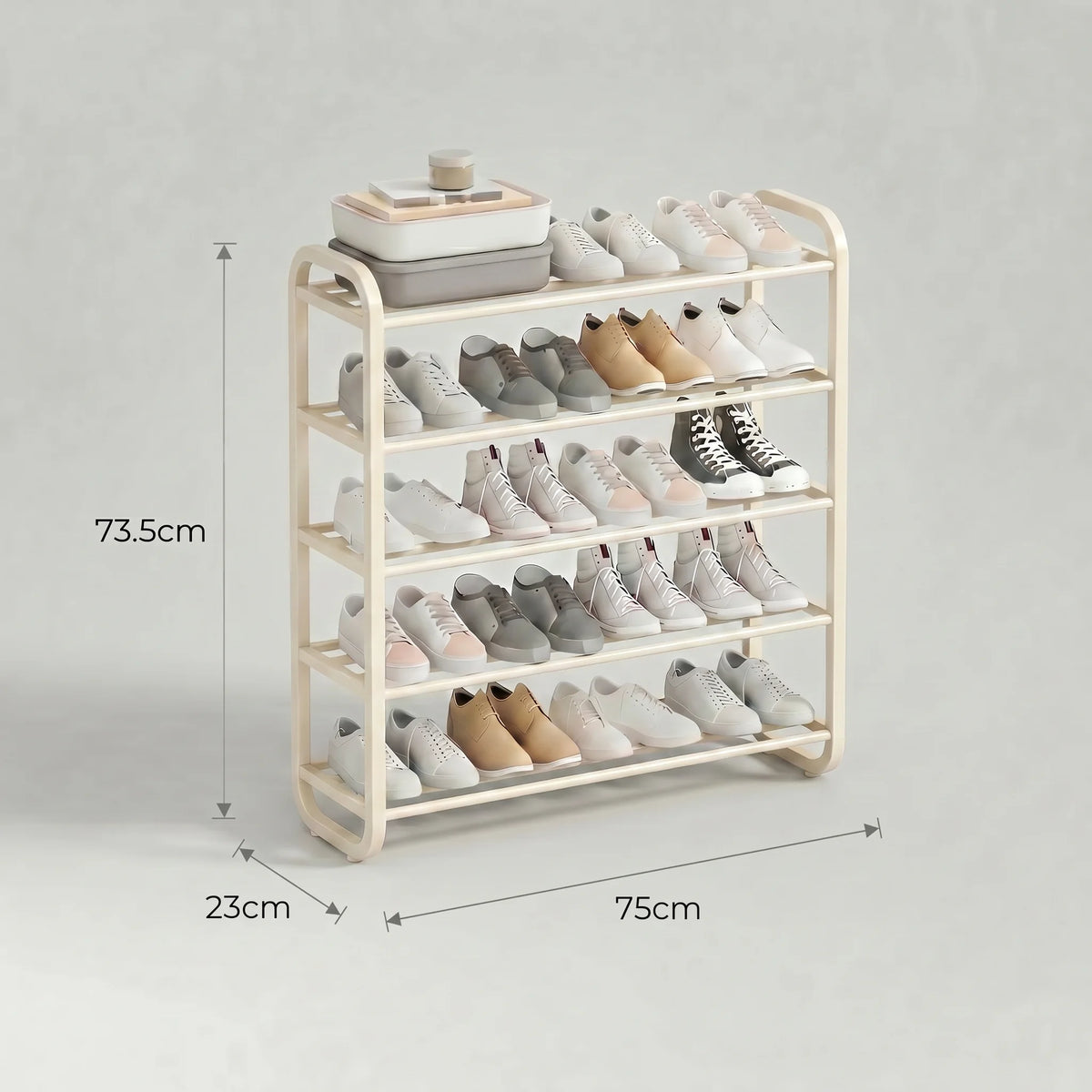 Dimensions de l’étagère à chaussures blanc ivoire : 73,5 cm de hauteur, 75 cm de largeur et 23 cm de profondeur