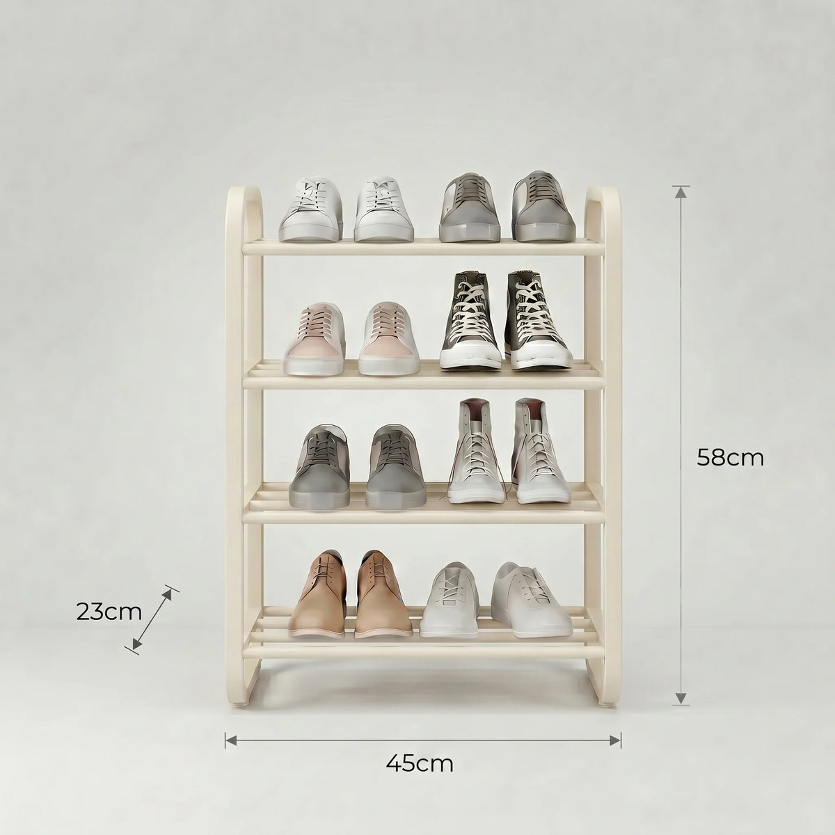 Dimensions de l’étagère à chaussures blanc ivoire : 58 cm de hauteur, 45 cm de largeur et 23 cm de profondeur
