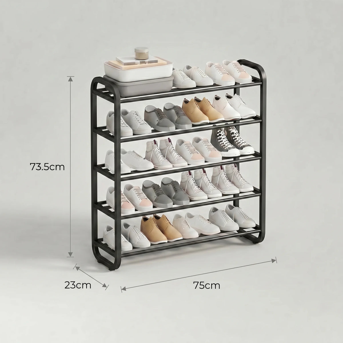 Dimensions de l’étagère à chaussures noire : 73,5 cm de hauteur, 75 cm de largeur et 23 cm de profondeur